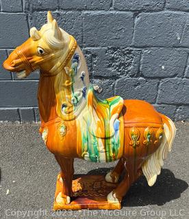 Large Chinese Tang Dynasty-Style Sancai Glazed Ceramic War Horse.  This is the first of two being offered in this auction.  36"