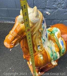 Large Chinese Tang Dynasty-Style Sancai Glazed Ceramic War Horse.  This is the first of two being offered in this auction.  36"