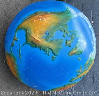 Large Painted Fiberglass World Globe with Hanging Wire.  Some dents and cracks. 47" diameter. 