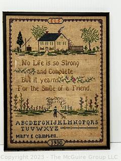 Framed Under Glass Antique Sampler on Linen Made by Mary E. Campbell 1930 for Her Mother.  15" x 20".  