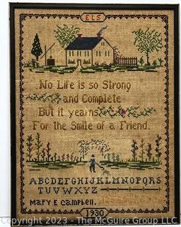 Framed Under Glass Antique Sampler on Linen Made by Mary E. Campbell 1930 for Her Mother.  15" x 20".  