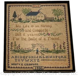 Framed Under Glass Antique Sampler on Linen Made by Mary E. Campbell 1930 for Her Mother.  15" x 20".  