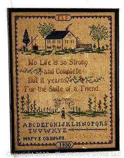 Framed Under Glass Antique Sampler on Linen Made by Mary E. Campbell 1930 for Her Mother.  15" x 20".  