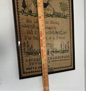 Framed Under Glass Antique Sampler on Linen Made by Mary E. Campbell 1930 for Her Mother.  15" x 20".  