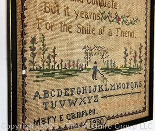 Framed Under Glass Antique Sampler on Linen Made by Mary E. Campbell 1930 for Her Mother.  15" x 20".  