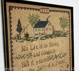 Framed Under Glass Antique Sampler on Linen Made by Mary E. Campbell 1930 for Her Mother.  15" x 20".  