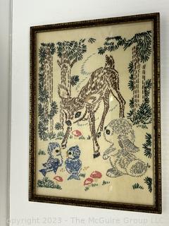 Framed Under Glass Embroidered Animal Scene Made by Ada Coe, 1966.  11" x 16".