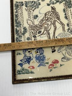 Framed Under Glass Embroidered Animal Scene Made by Ada Coe, 1966.  11" x 16".