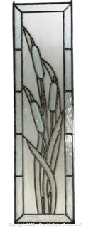 Hand Crafted Clear Stained Glass Window of Cattails.  9" x 34".