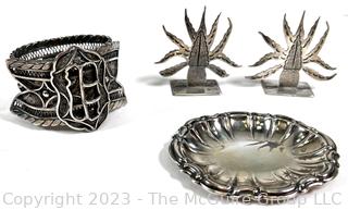 Collection of Silver Items Including Heavy Filigree Napkin Holder & L Maciel Mexico Sterling Place Holder. 