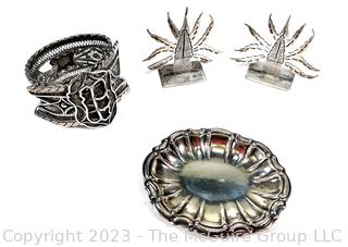 Collection of Silver Items Including Heavy Filigree Napkin Holder & L Maciel Mexico Sterling Place Holder. 