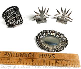 Collection of Silver Items Including Heavy Filigree Napkin Holder & L Maciel Mexico Sterling Place Holder. 