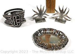 Collection of Silver Items Including Heavy Filigree Napkin Holder & L Maciel Mexico Sterling Place Holder. 