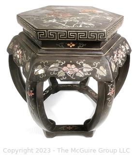 Vintage Chinese  Black Lacquered Wooden Footstool,  Some damage to paint.  19" tall 14" diameter.