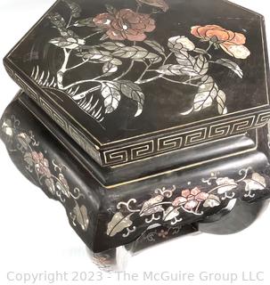 Vintage Chinese  Black Lacquered Wooden Footstool,  Some damage to paint.  19" tall 14" diameter.