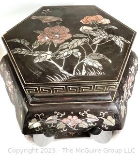 Vintage Chinese  Black Lacquered Wooden Footstool,  Some damage to paint.  19" tall 14" diameter.