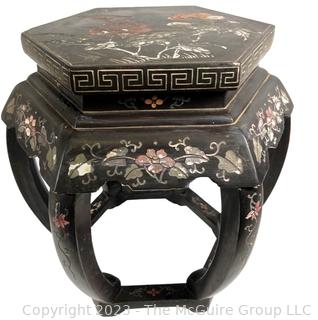 Vintage Chinese  Black Lacquered Wooden Footstool,  Some damage to paint.  19" tall 14" diameter.