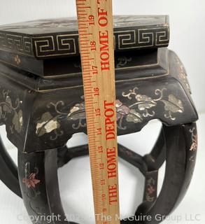 Vintage Chinese  Black Lacquered Wooden Footstool,  Some damage to paint.  19" tall 14" diameter.