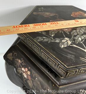 Vintage Chinese  Black Lacquered Wooden Footstool,  Some damage to paint.  19" tall 14" diameter.