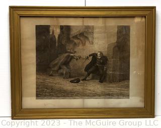 Framed Under Glass Lithograph of "The Ambush”  signed by Artist Francisco Ortego y Vereda in lower right.  26” x 33”.