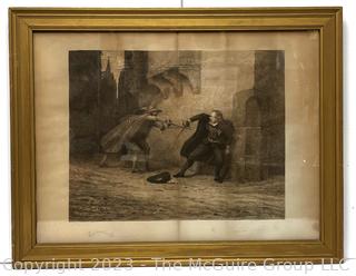 Framed Under Glass Lithograph of "The Ambush”  signed by Artist Francisco Ortego y Vereda in lower right.  26” x 33”.