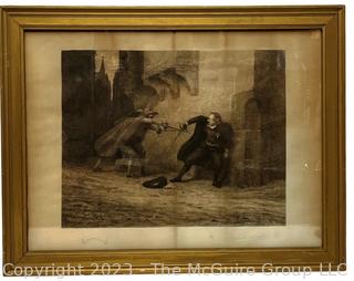 Framed Under Glass Lithograph of "The Ambush”  signed by Artist Francisco Ortego y Vereda in lower right.  26” x 33”.