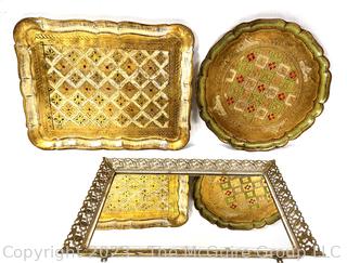 Three (3) Vintage Serving Trays Including Mirror and Florentine 