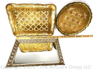 Three (3) Vintage Serving Trays Including Mirror and Florentine 