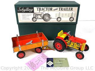 Schylling Tin Litho Wind-up Tractor and Trailer Toy in Box