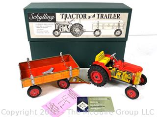 Schylling Tin Litho Wind-up Tractor and Trailer Toy in Box