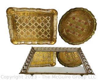 Three (3) Vintage Serving Trays Including Mirror and Florentine 