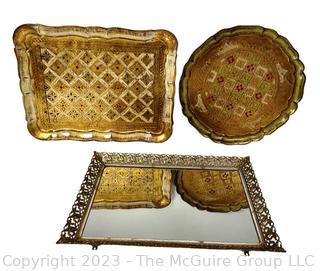 Three (3) Vintage Serving Trays Including Mirror and Florentine 