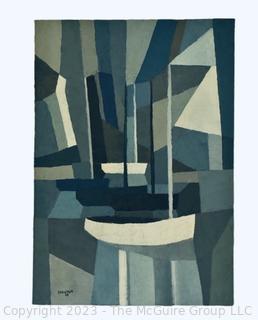 Mid Century Stretcher Framed Oil on Canvas Abstract in Blues Signed by French Artist Chalumeau, 1968.  25" x 36"