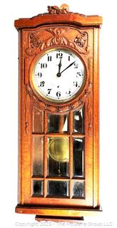 Vedette Wall Clock In Oak Case With 9 Beveled Glass Door, France.  Needs repair. 7" x 12" x 30"