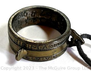 Antique Brass Farmers’ Ring with Diptych Sundial on Leather Cord