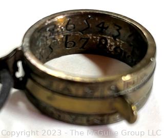 Antique Brass Farmers’ Ring with Diptych Sundial on Leather Cord