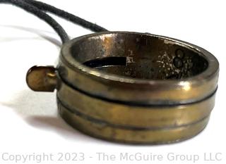 Antique Brass Farmers’ Ring with Diptych Sundial on Leather Cord