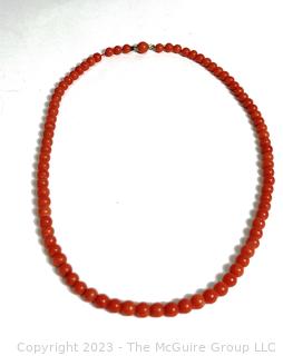 Antique Red Coral or Stone Bead Necklace with Ball Clasp.  18"