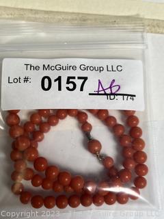 Antique Red Coral or Stone Bead Necklace with Ball Clasp.  18"