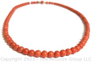 Antique Red Coral or Stone Bead Necklace with Ball Clasp.  18"