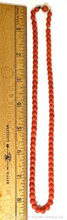 Antique Red Coral or Stone Bead Necklace with Ball Clasp.  18"