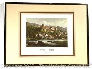 Framed Under Glass Colored  Lithograph Titled "Heidelberg Pris De La Kirschgasse " Germany.  12" x 16".