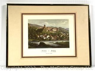 Framed Under Glass Colored  Lithograph Titled "Heidelberg Pris De La Kirschgasse " Germany.  12" x 16".