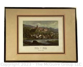 Framed Under Glass Colored  Lithograph Titled "Heidelberg Pris De La Kirschgasse " Germany.  12" x 16".