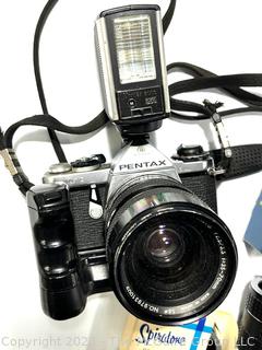 Pentax 35mm Camera with Flash and Lens. 