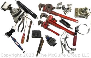 Group of Tools Including Pipe Wrenches and PanaVise 