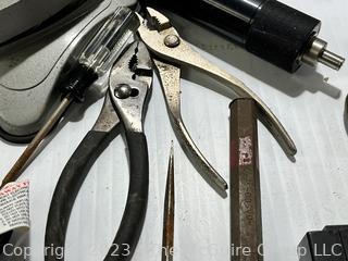 Group of Tools Including Pipe Wrenches and PanaVise 