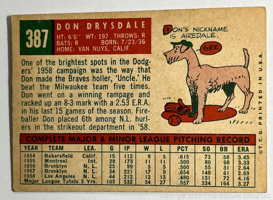 1959 Topps #387 Don Drysdale Los Angeles Dodgers Baseball Card Ex Nice