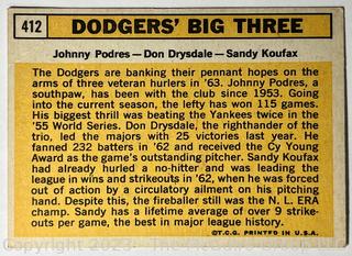 Sports Cards: Baseball: 1963 Topps #412 Big Three Koufax, Drysdale and Podres