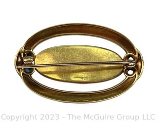 Antique Tiffany & Co. Art Nouveau Gold with Stone Center and Enamel Surround Brooch.  Tested 18kt.  12.5 grams total weight